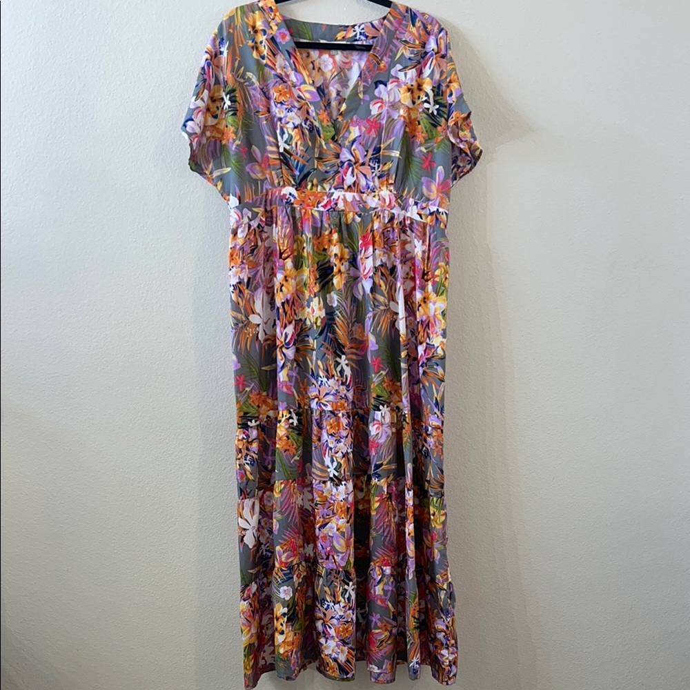 Pink and Orange V-Neck Dolman Sleeve Maxi Sundress